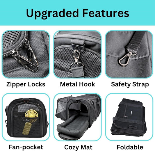 Vehicle/TSA Airline Approved Pet Carrier Expandable 900D Seatbelt Cat Dog Black