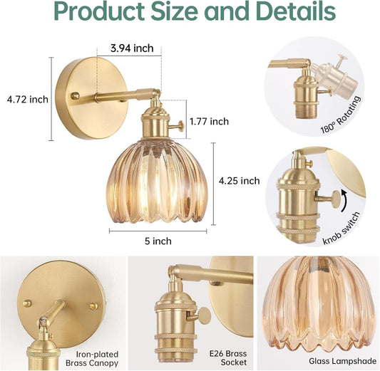 Vintage Wall Sconce 2-Pack Amber Tulip Glass Brass 180 Adjustable Hardwired LED