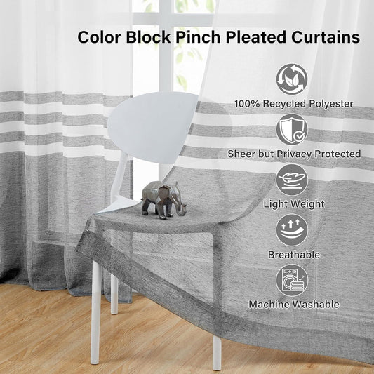 Pinch Pleated Sheer Curtains 84 Inch Color Block Black White 2 Panel Farmhouse