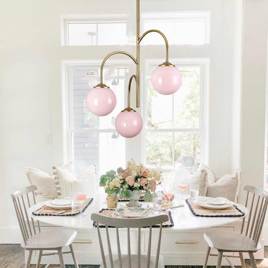 3-Light Pink Glass Globe Pendant Chandelier 21.7" Brass Gold Dimmable G9