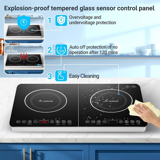 Aobosi Double Induction Cooktop 1800W Dual Burner Portable 22" 10 Temp NEW