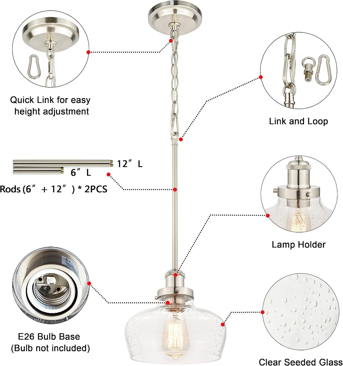 Farmhouse Pendant Light - Brushed Nickel & Seeded Glass - Adjustable Height