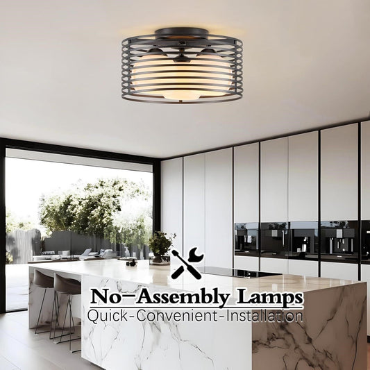 Industrial 3-Light Semi Flush Mount Black Cage Globe Glass Ceiling Light Kitchen