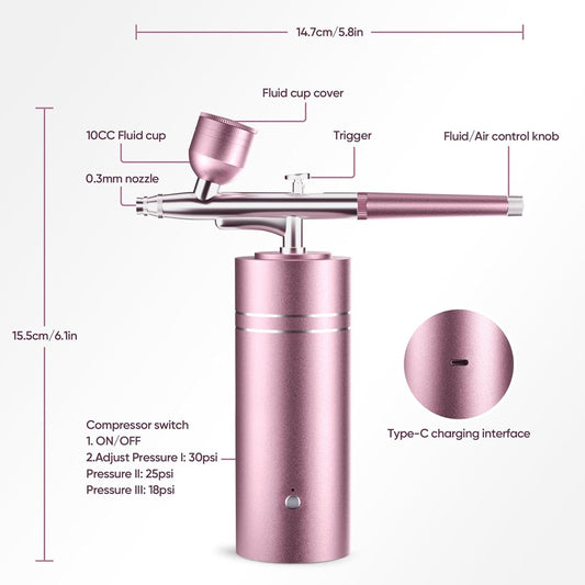 lussmioe Airbrush Kit Compressor 30PSI Cordless 0.3mm Nail Makeup Art Pink