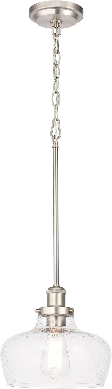 Farmhouse Pendant Light - Brushed Nickel & Seeded Glass - Adjustable Height