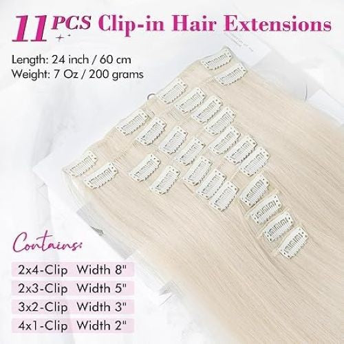 REECHO 11PC Clip In Hair Extensions 24" Straight Platinum Blonde HE005 Synthetic