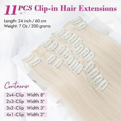 REECHO 11PC Clip In Hair Extensions 24" Straight Platinum Blonde HE005 Synthetic