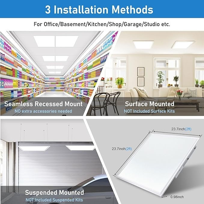 6 Pack 2x2 LED Flat Panel Light Drop Ceiling 40W 4400LM 3CCT Dimmable ETL Office