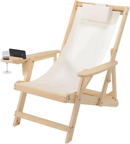 Wood Sling Lounge Chair Foldable Canvas Cup Holder Headrest Patio Beach