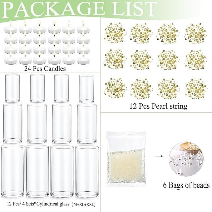 12 PCS Glass Vases for Centerpieces with 24 PCS Floating Candles for 12 SET