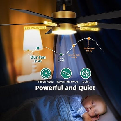 YITAHOME 60" Ceiling Fan Light Remote Crystal Rod Black Gold DC 5 Blade LED