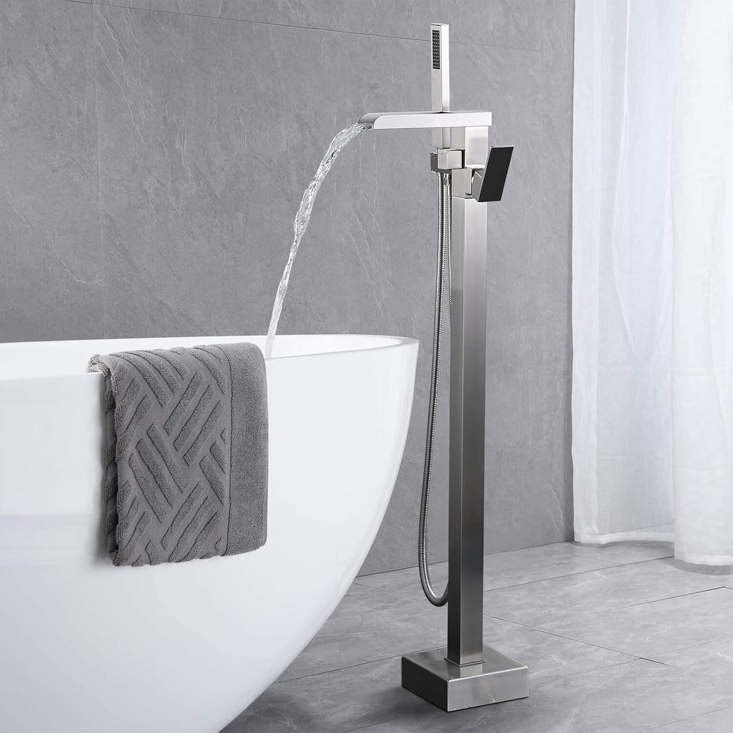Freestanding Bathtub Faucet Brushed Nickel Waterfall Floor Mount Solid Brass