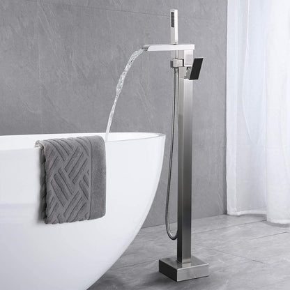 Freestanding Bathtub Faucet Brushed Nickel Waterfall Floor Mount Solid Brass