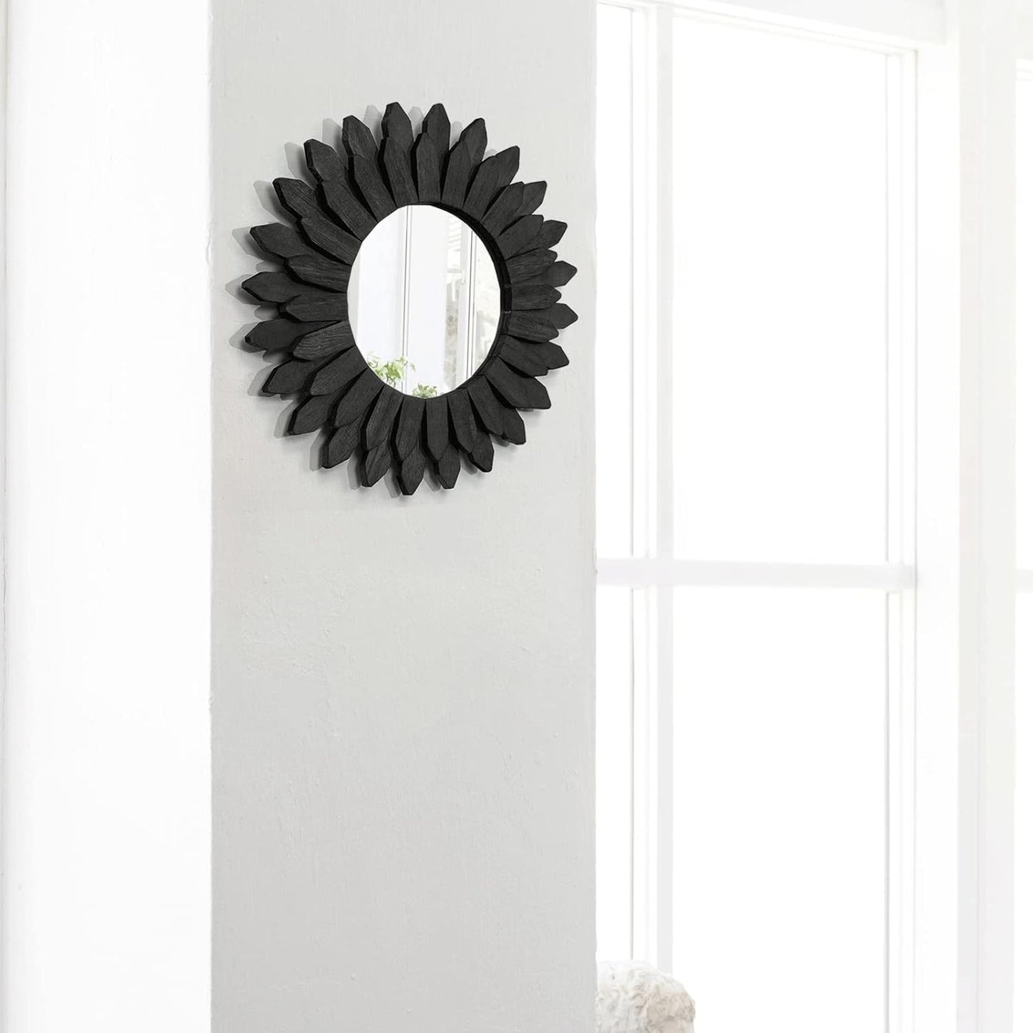 Honiway 12" Black Sunburst Mirror Solid Wood Boho Wall Decor Carbonized