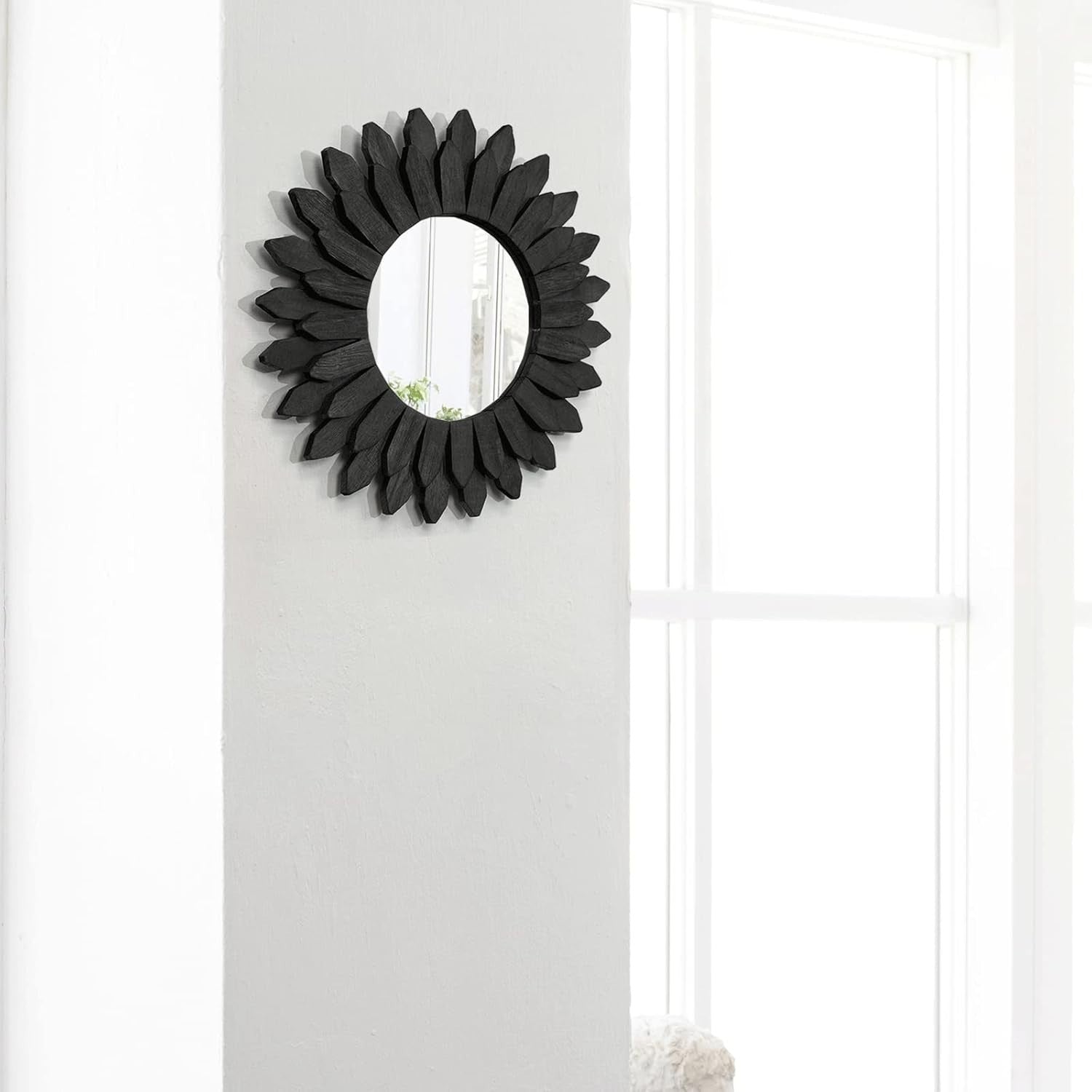 Honiway 12" Black Sunburst Mirror Solid Wood Boho Wall Decor Carbonized