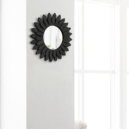 Honiway 12" Black Sunburst Mirror Solid Wood Boho Wall Decor Carbonized
