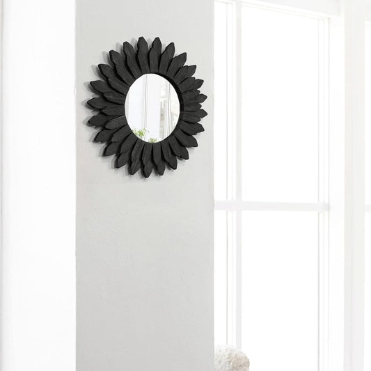 Honiway 12" Black Sunburst Mirror Solid Wood Boho Wall Decor Carbonized
