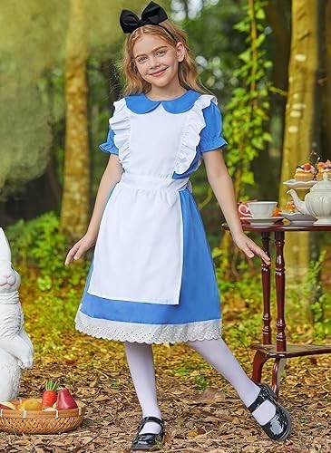 Alice in Wonderland Kids Costume Dress Apron Wig Headband Socks 6-Pc - 10-14y