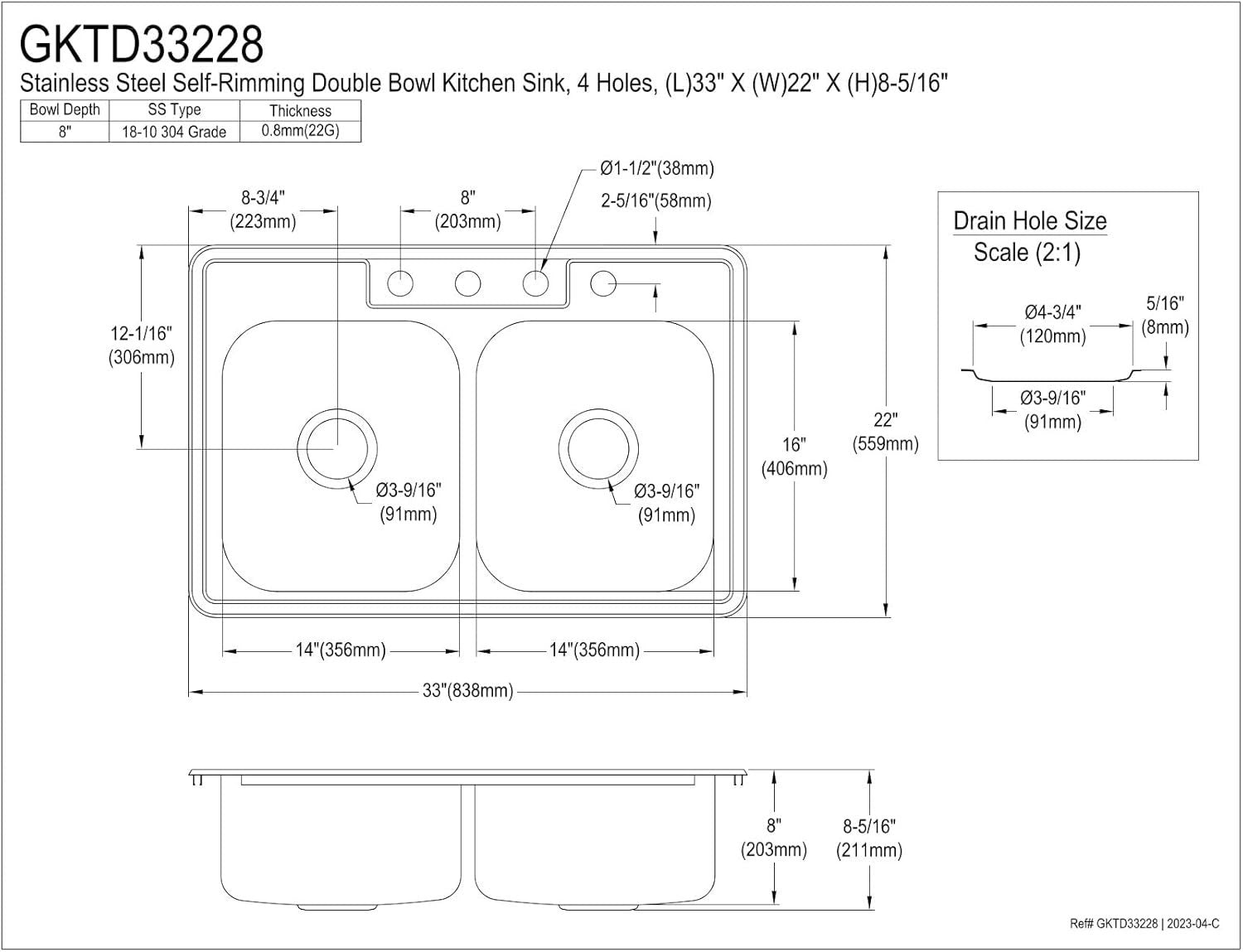 Kingston Brass 33" Double Bowl Drop-In Kitchen Sink 304 Stainless 22 Gauge