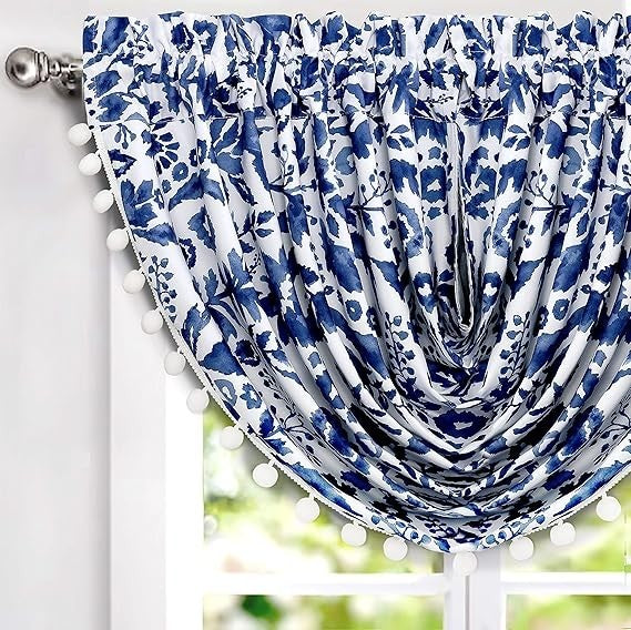 DriftAway Julia Waterfall Valance Navy Floral Pom Pom 52x18 Thermal Insulated