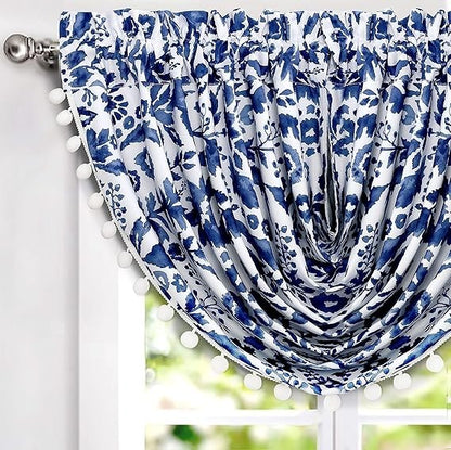 DriftAway Julia Waterfall Valance Navy Floral Pom Pom 52x18 Thermal Insulated