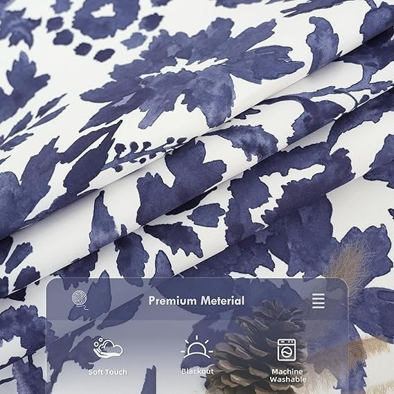 DriftAway Julia Waterfall Valance Navy Floral Pom Pom 52x18 Thermal Insulated