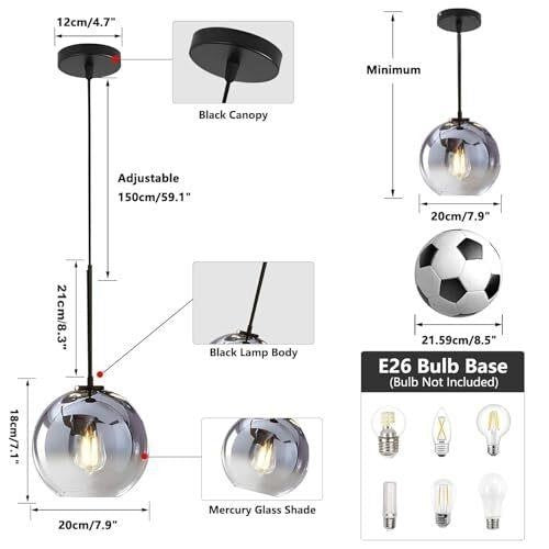 KCO 7.9" Silver Gradient Mercury Globe Pendant Light E26 Mid-Century Modern