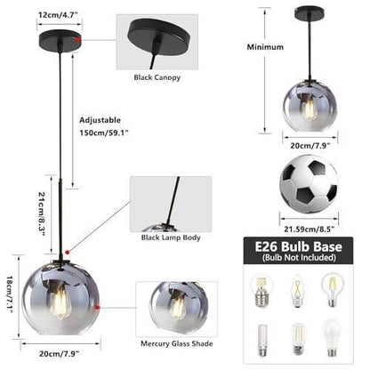 KCO 7.9" Silver Gradient Mercury Globe Pendant Light E26 Mid-Century Modern
