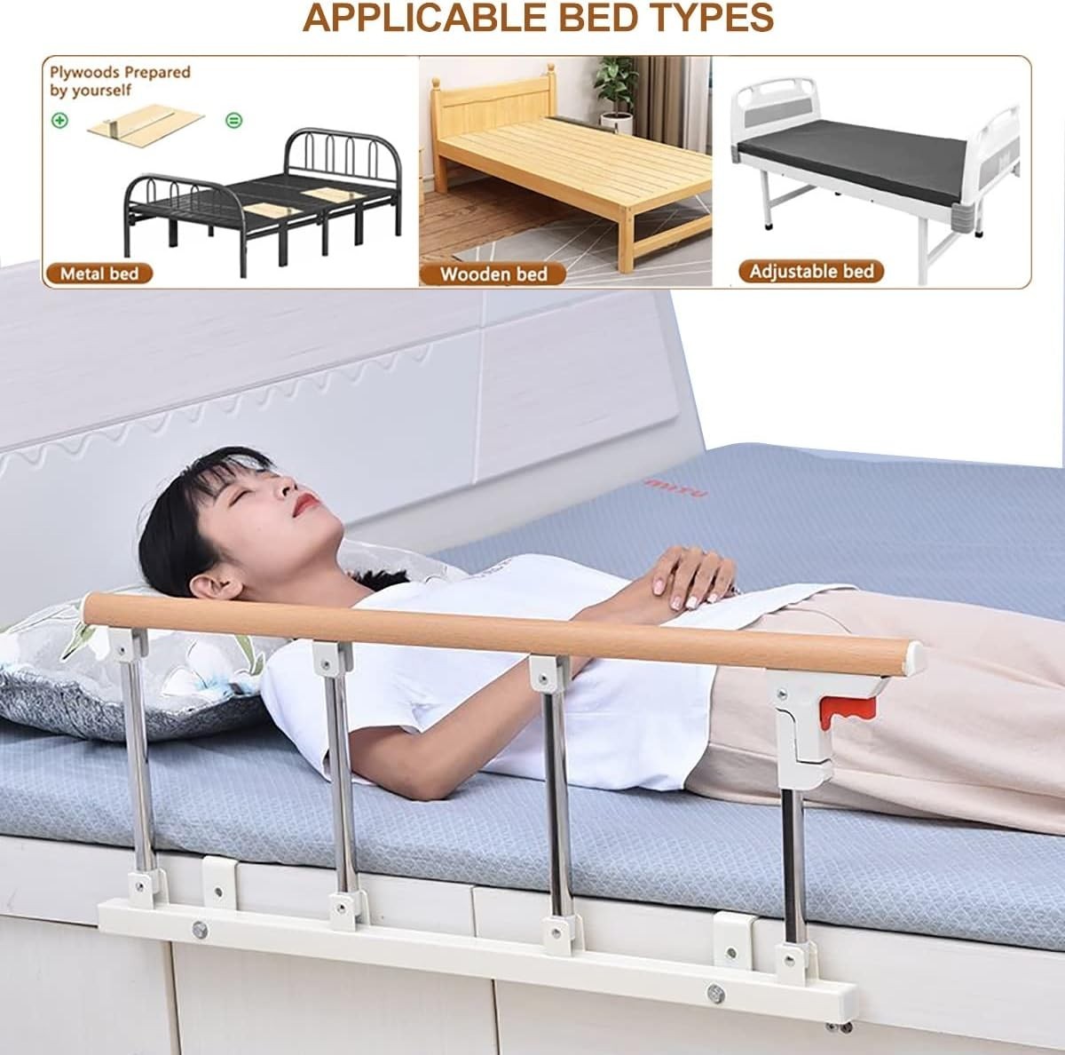 Folding Bed Rail 37.7x15.7" Aluminum Wood Grain One-Button Fold Seniors