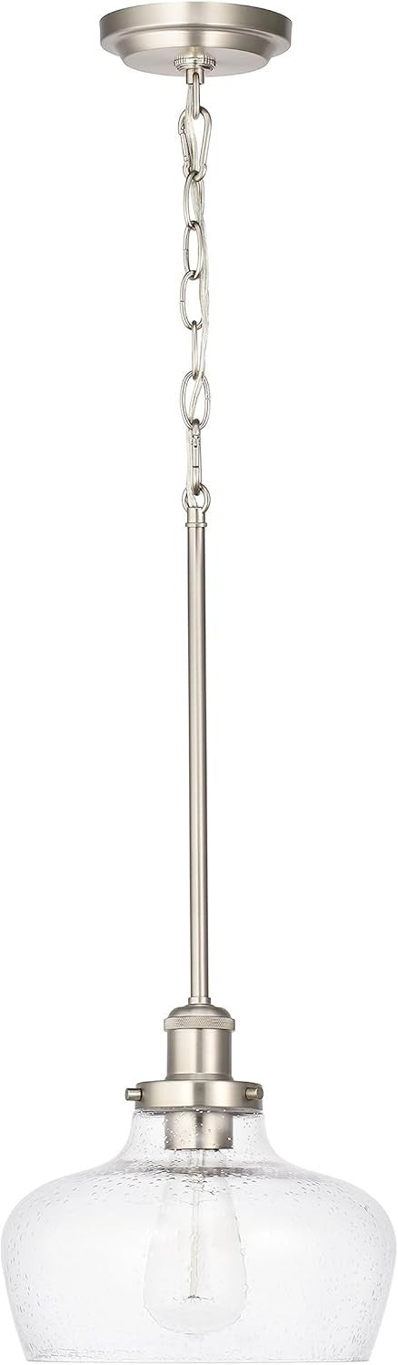 Farmhouse Pendant Light - Brushed Nickel & Seeded Glass - Adjustable Height