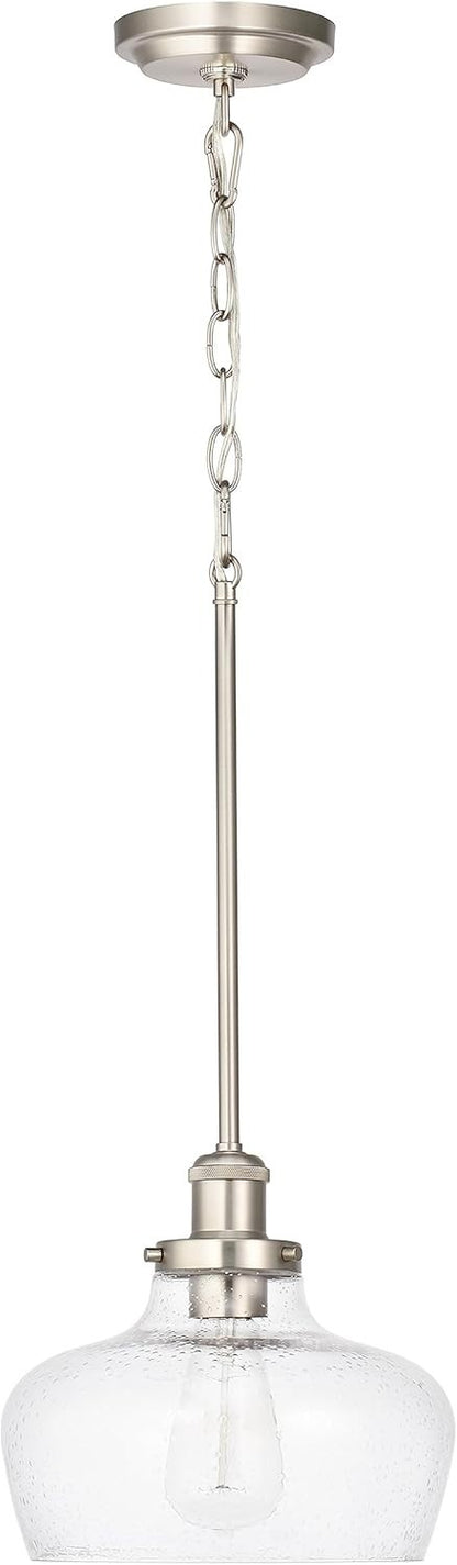 Farmhouse Pendant Light - Brushed Nickel & Seeded Glass - Adjustable Height