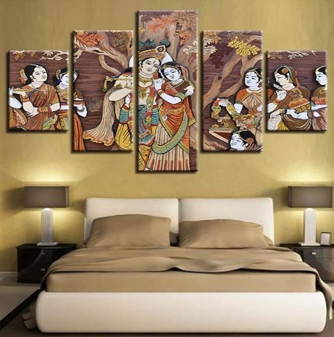 Radha Krishna 5 Piece Canvas Wall Art Hindu God Watercolor 60x32 Living Room Dec