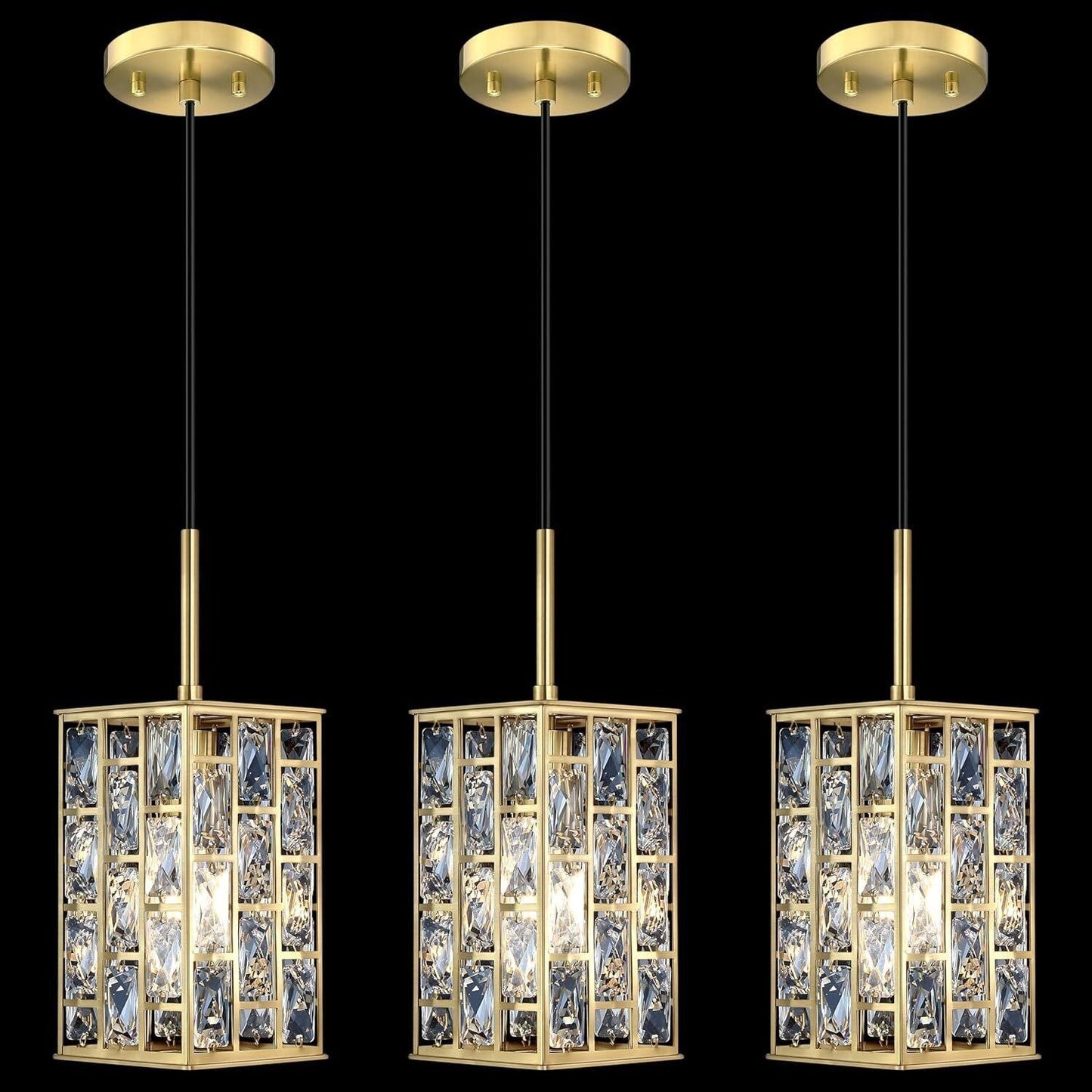Gold Crystal Pendant Lights Set of 3 Kitchen Island Square Cage Adjustable
