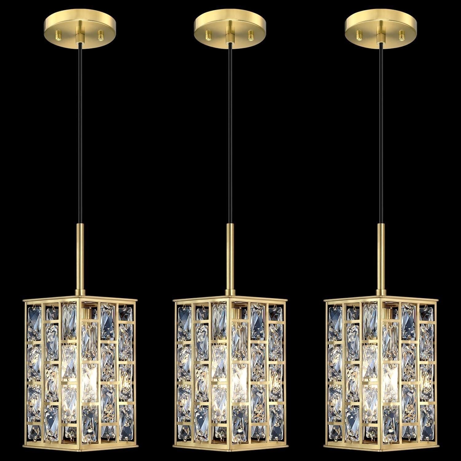 Gold Crystal Pendant Lights Set of 3 Kitchen Island Square Cage Adjustable