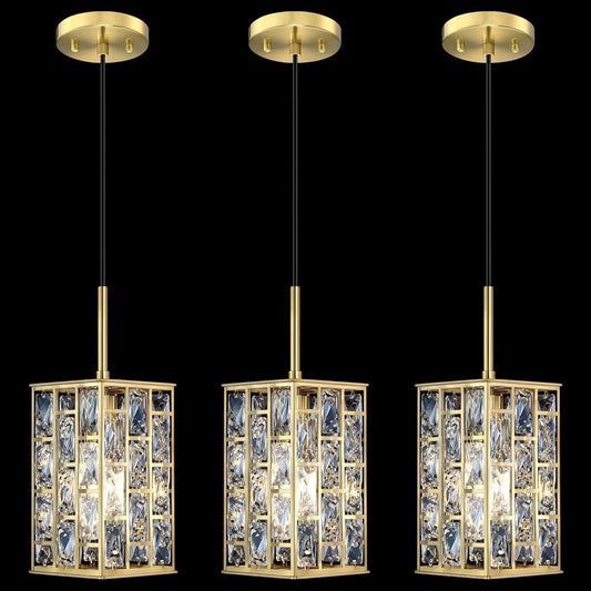 Gold Crystal Pendant Lights Set of 3 Kitchen Island Square Cage Adjustable