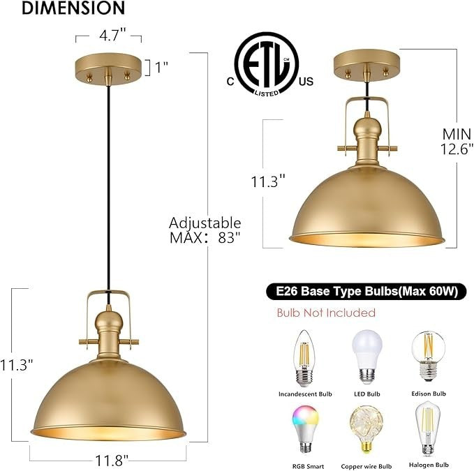 12 Inch Gold Farmhouse Pendant Lights 3 Pack Kitchen Island Matte Dome Adjustabl