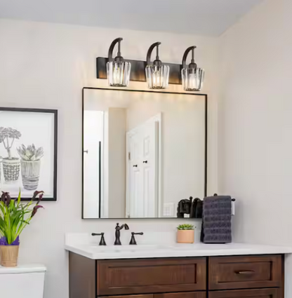 3-Light Crystal Vanity Light Black K9 Bathroom Over Mirror Sconce Dimmable 24in