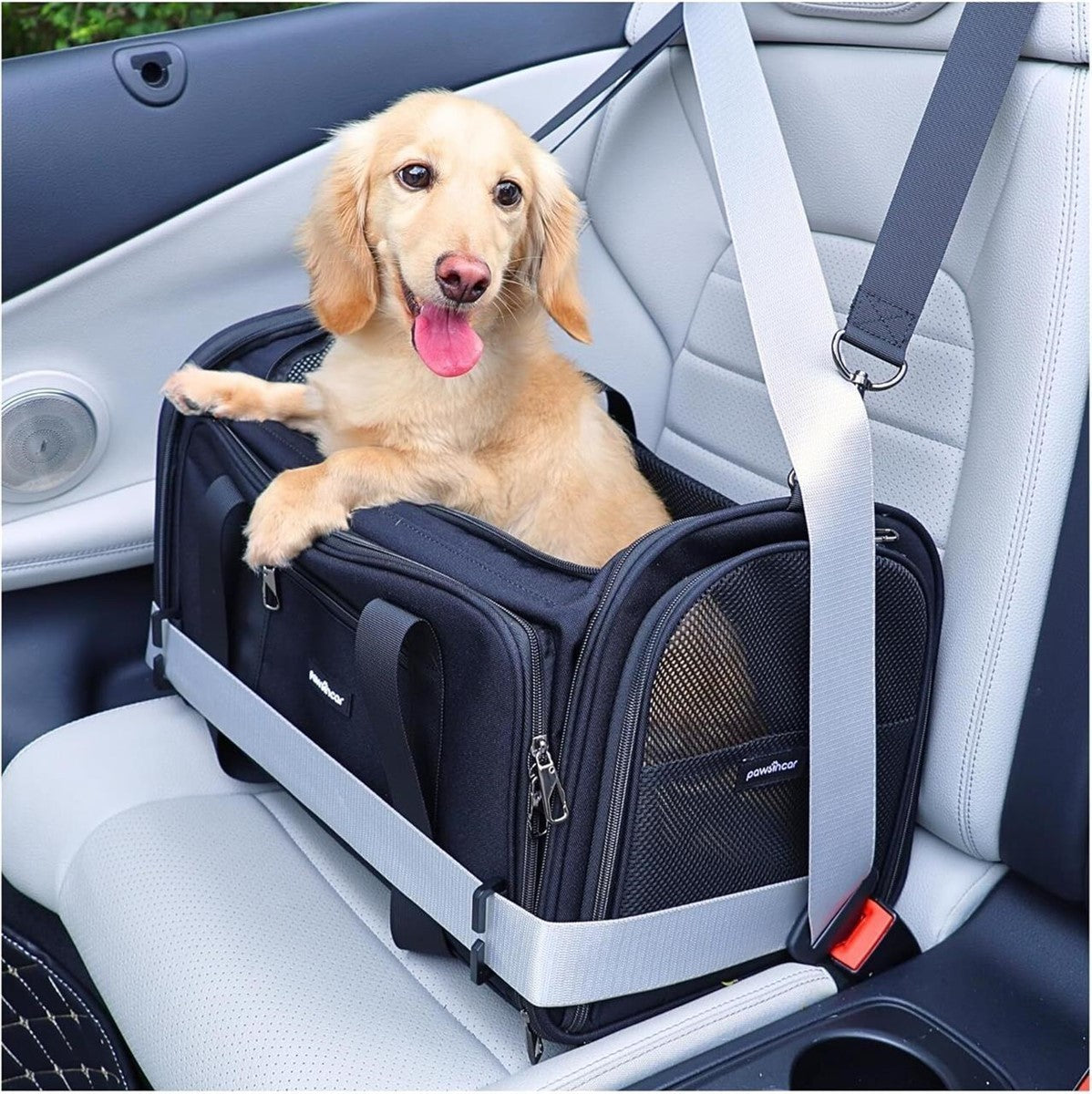 Vehicle/TSA Airline Approved Pet Carrier Expandable 900D Seatbelt Cat Dog Black