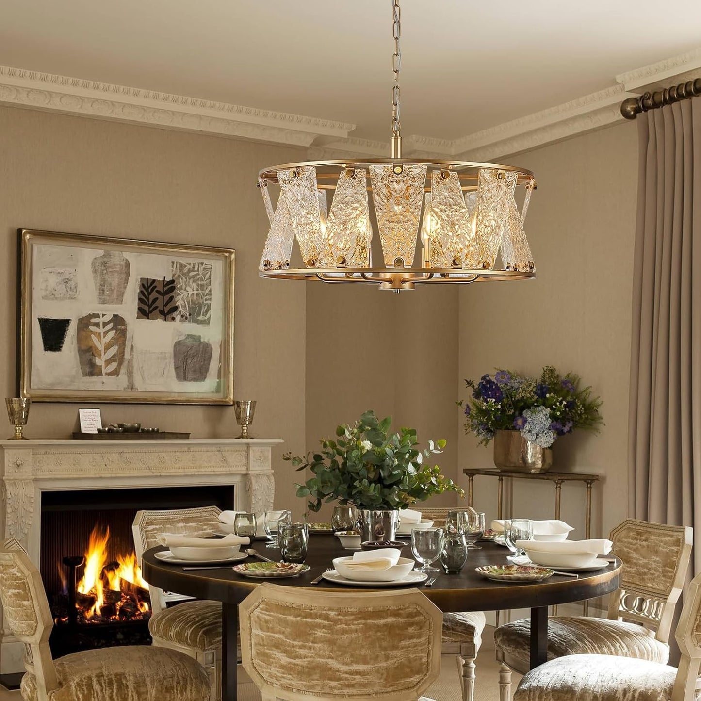 24" Gold Drum Chandelier 8-Light Ripple Glass Modern Vintage Dining Room E12
