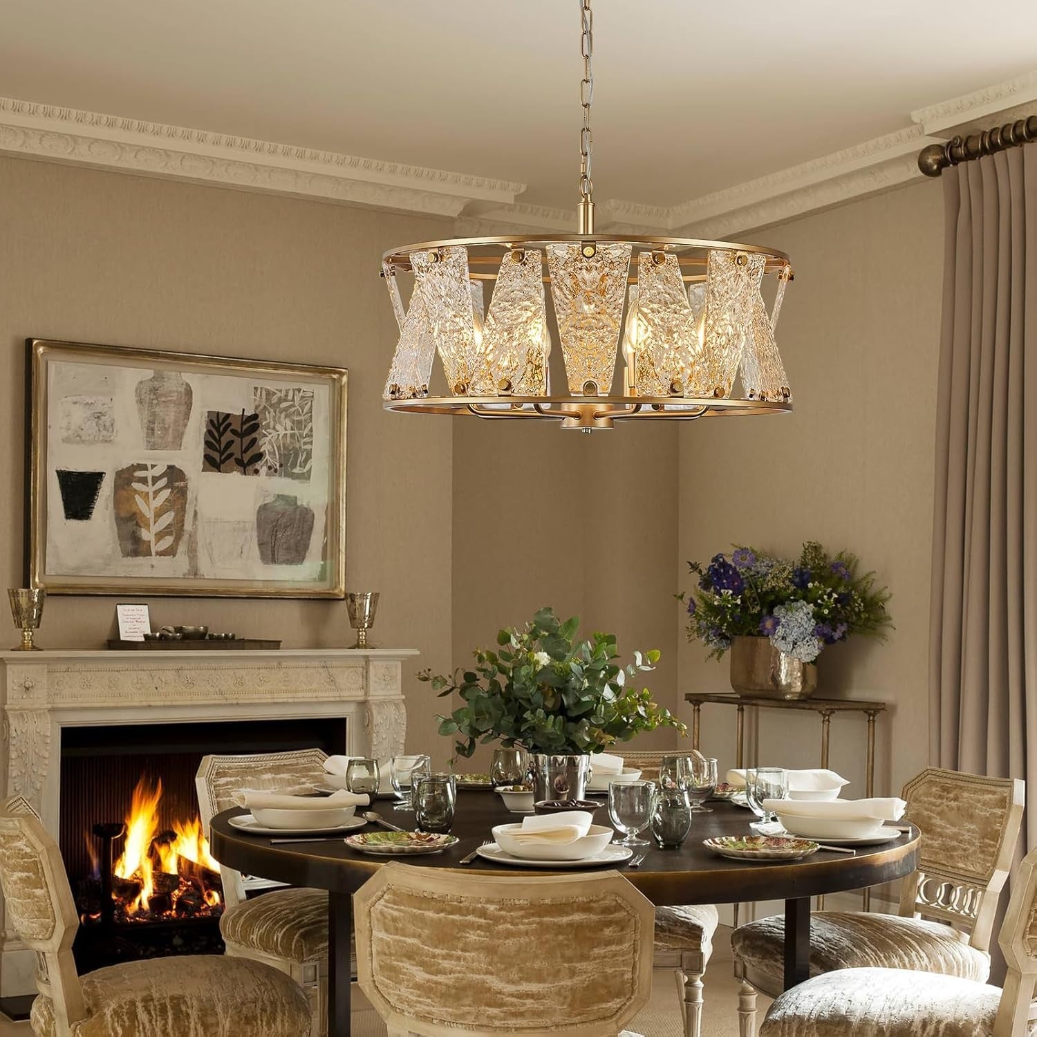24" Gold Drum Chandelier 8-Light Ripple Glass Modern Vintage Dining Room E12