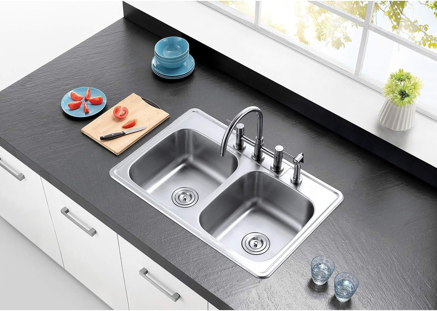 Kingston Brass 33" Double Bowl Drop-In Kitchen Sink 304 Stainless 22 Gauge