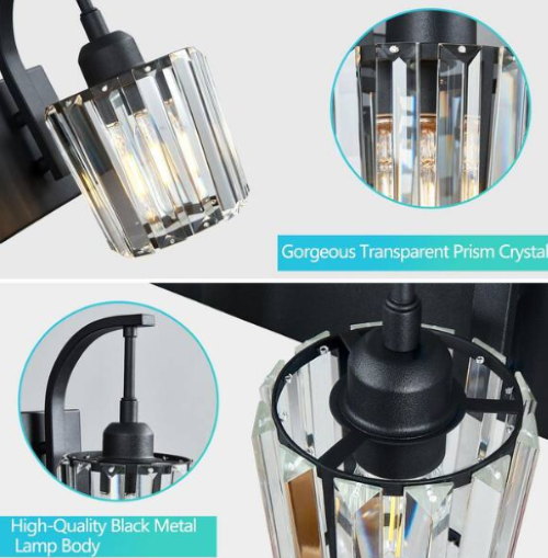 3-Light Crystal Vanity Light Black K9 Bathroom Over Mirror Sconce Dimmable 24in