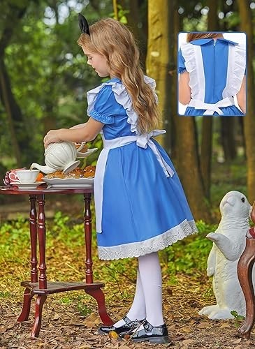 Alice in Wonderland Kids Costume Dress Apron Wig Headband Socks 6-Pc - 10-14y