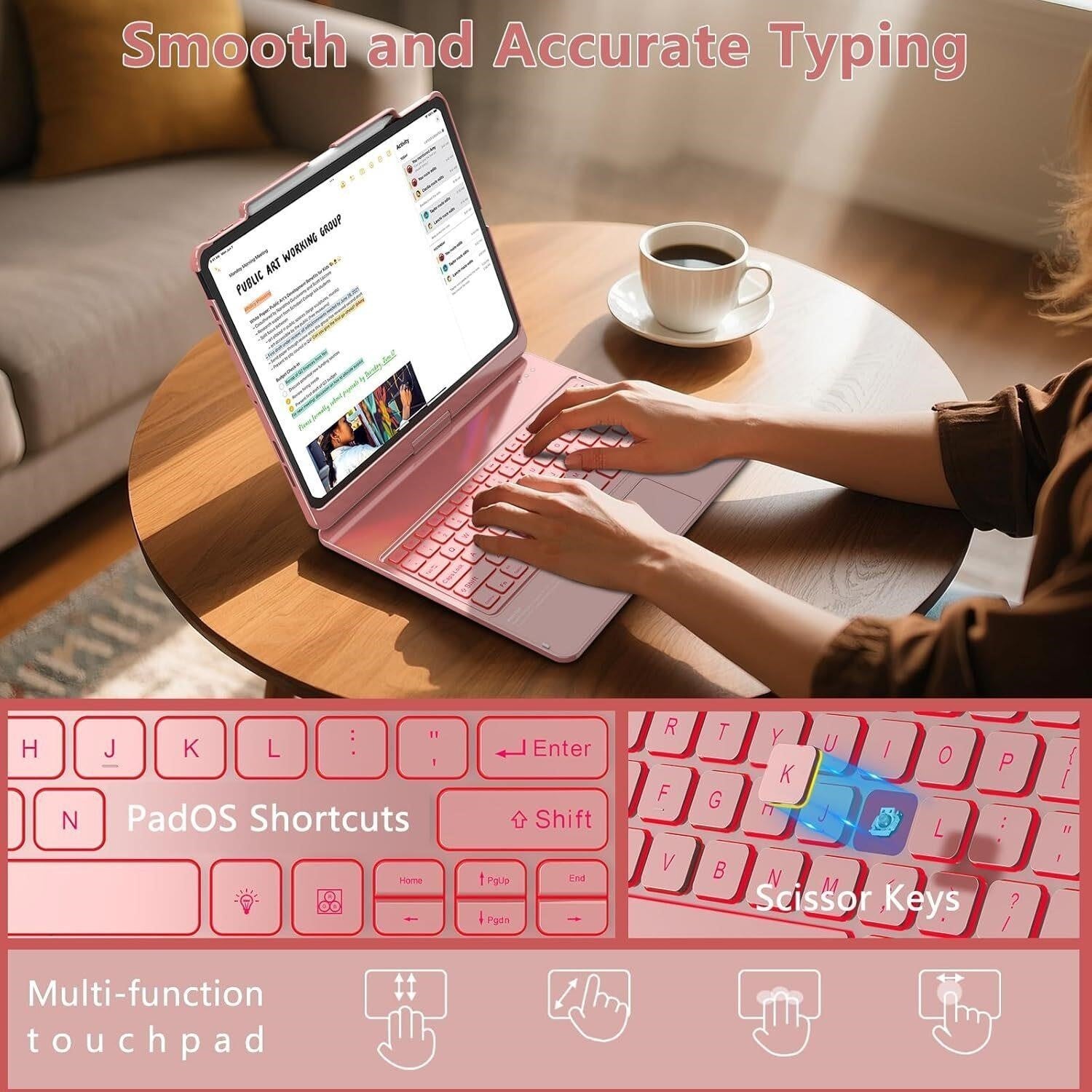Pink Keyboard Case for iPad Air 13 M2 M3 / Pro 12.9 RGB Backlit 360 Trackpad