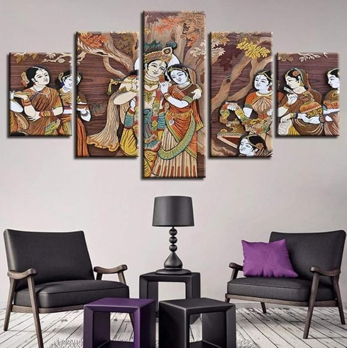 Radha Krishna 5 Piece Canvas Wall Art Hindu God Watercolor 60x32 Living Room Dec