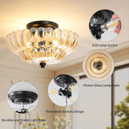 GloMuse Amber Glass Semi Flush Ceiling Light 12 Inch 3-Light E26 Black