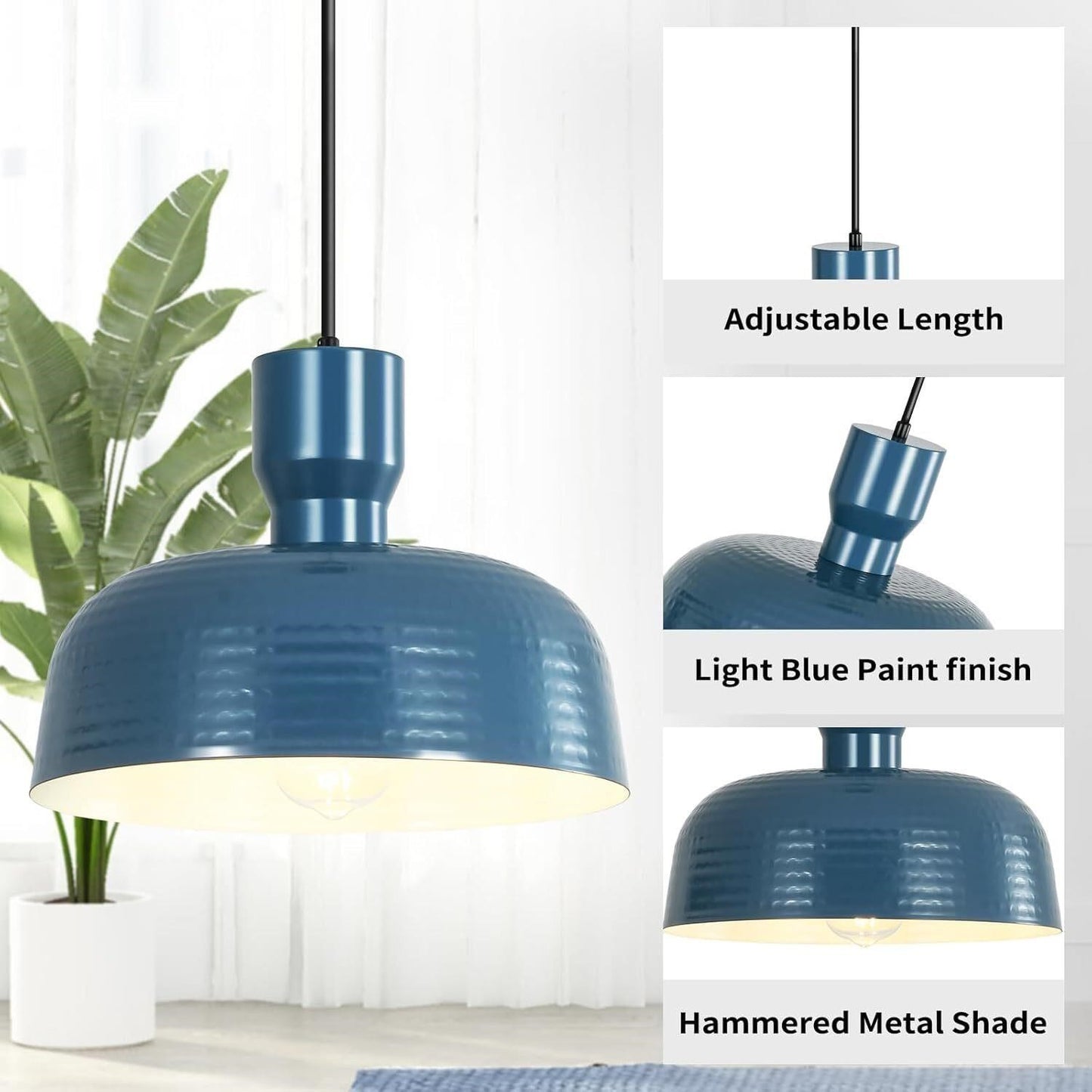 Modern Farmhouse Blue Pendant Light 12" Hammered Metal Dome Kitchen Island Lamp