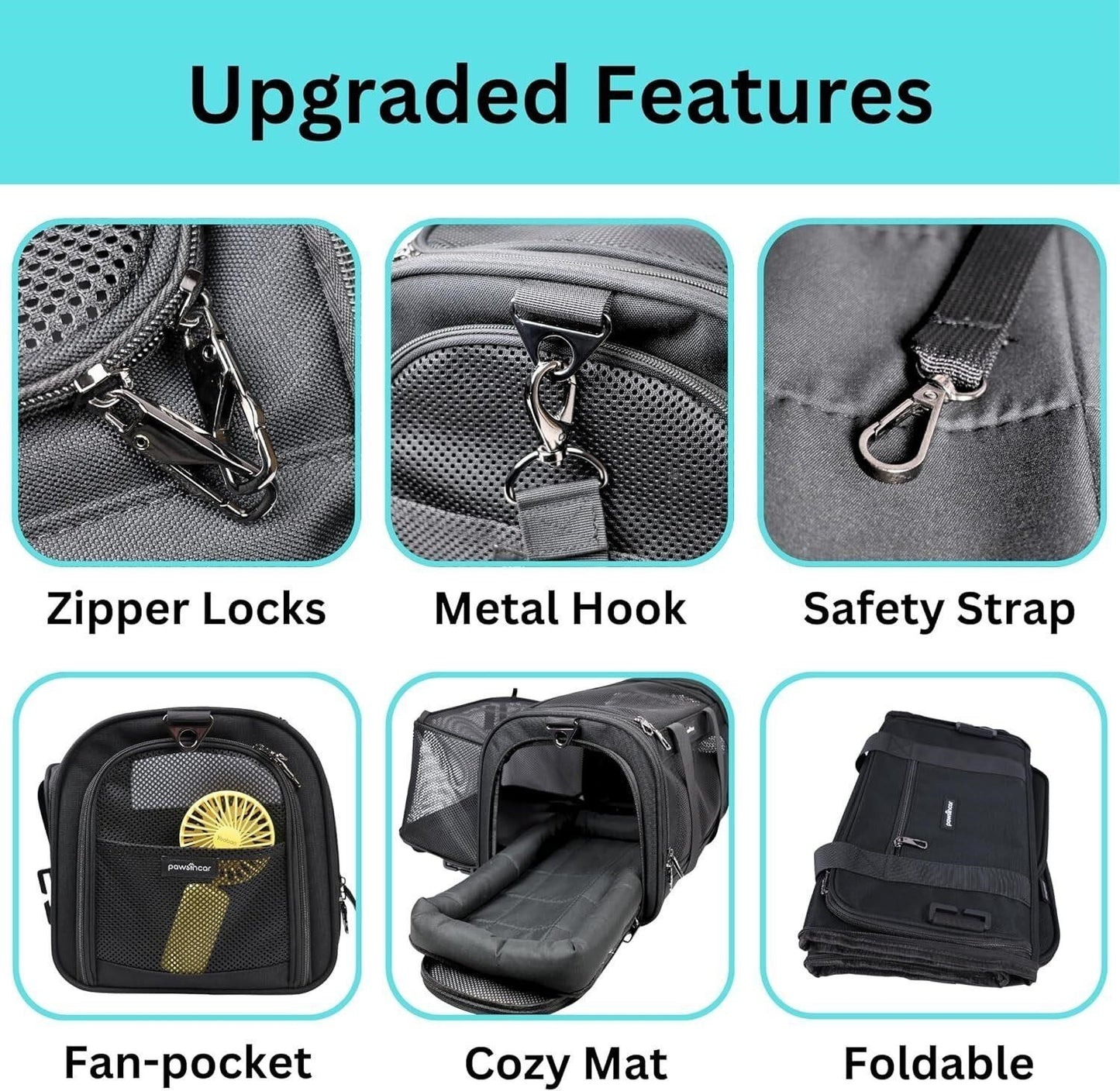 Vehicle/TSA Airline Approved Pet Carrier Expandable 900D Seatbelt Cat Dog Black