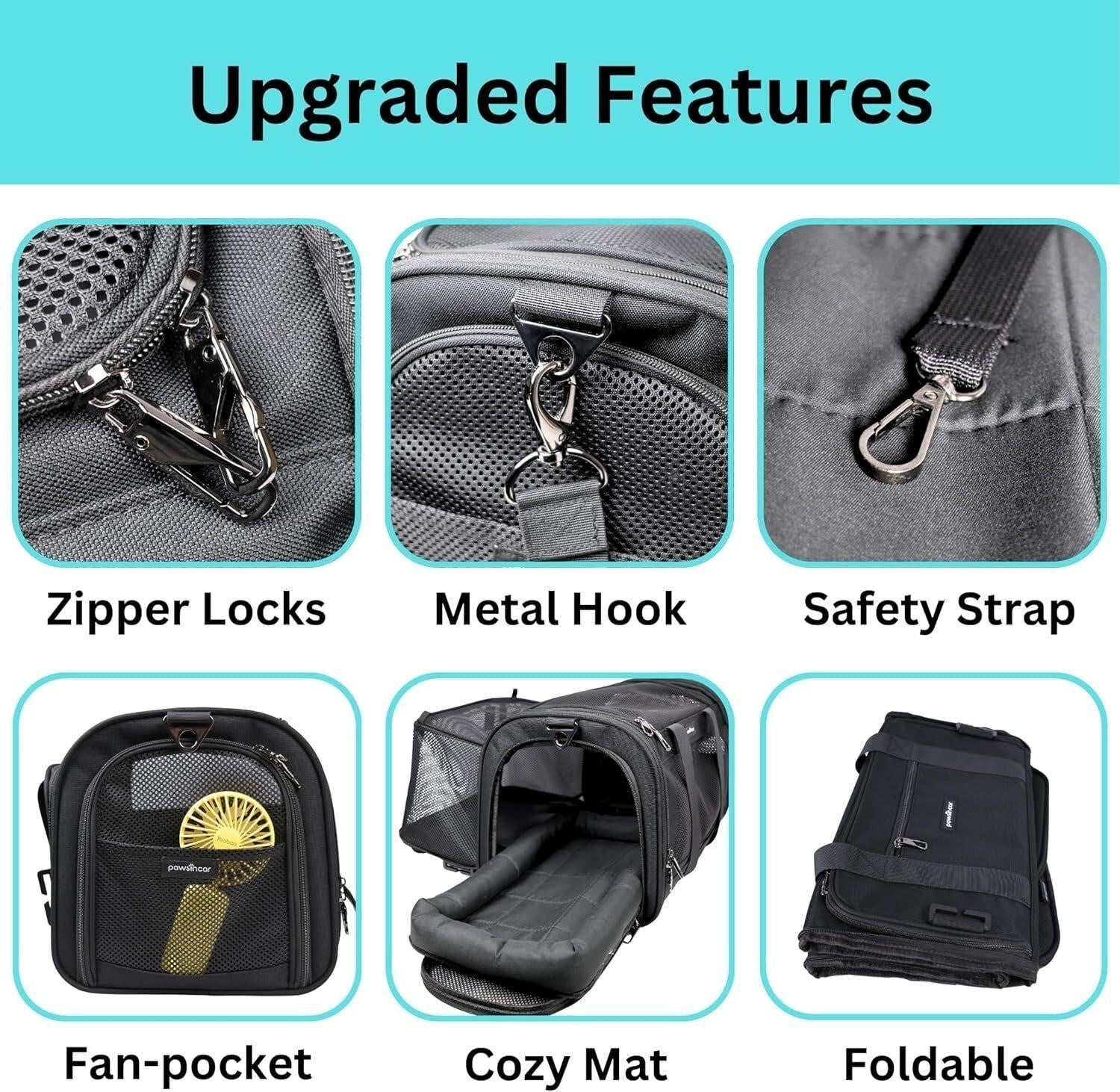 Vehicle/TSA Airline Approved Pet Carrier Expandable 900D Seatbelt Cat Dog Black