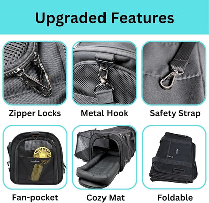 Vehicle/TSA Airline Approved Pet Carrier Expandable 900D Seatbelt Cat Dog Black